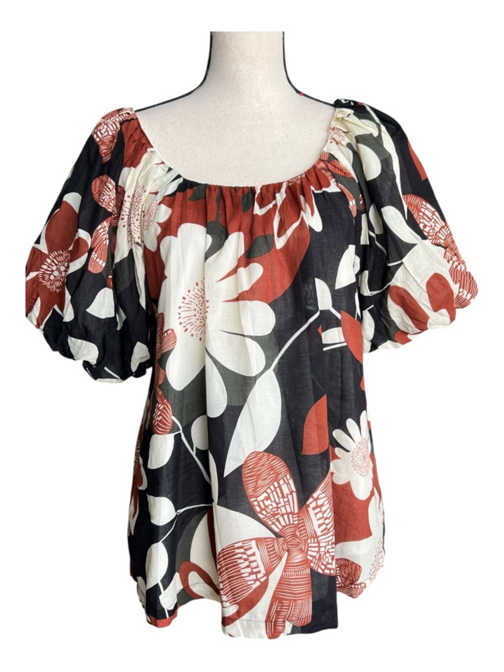 Umgee Black & Rust Floral Puff Sleeve Blouse Size M - Picture 9 of 11